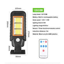 120 Cob Led Kumandalı Solar Güneş Enerjili Sokak Lambası Bahçe Led Aydınlatma 3 Modlu