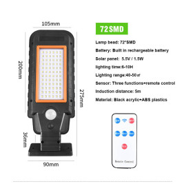 72 Led Kumandalı Solar Güneş Enerjili Sokak Lambası Bahçe Led Aydınlatma 3 Modlu