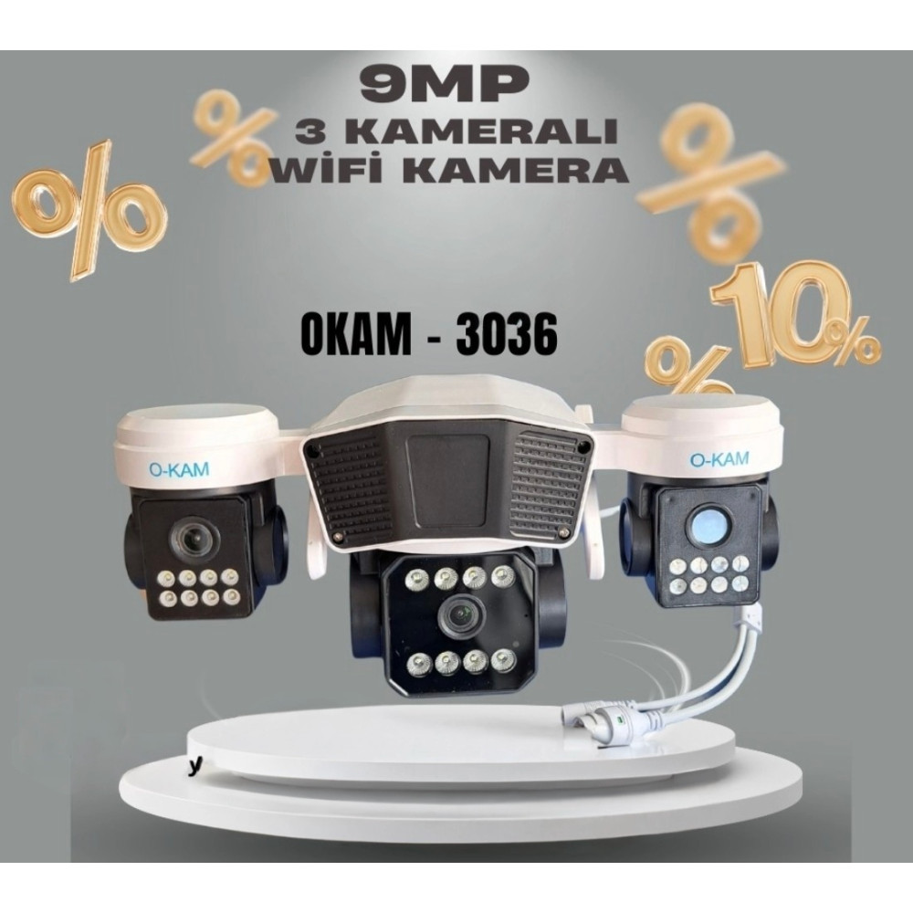 Yeni 3 Kameralı 9mp O-kam 3036 Wıfı internet Kablosuz Ptz Gece Görüşlü Akıllı Güvenlik Kamerası