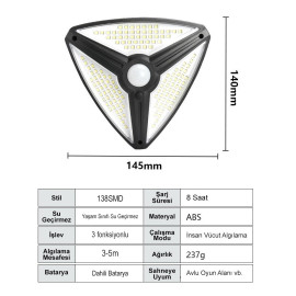 Solar Güneş Enerjili Bahçe Lambası 138 Led 2 Pilli Bahçe Aplik Bahçe Lambası Bahçe Aydınlatma 3 Modlu