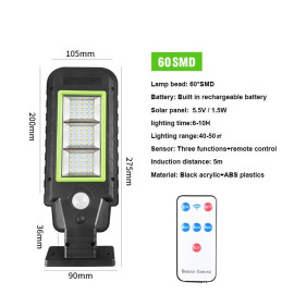 60 Led Kumandalı Solar Güneş Enerjili Sokak Lambası Bahçe Led Aydınlatma 3 Modlu